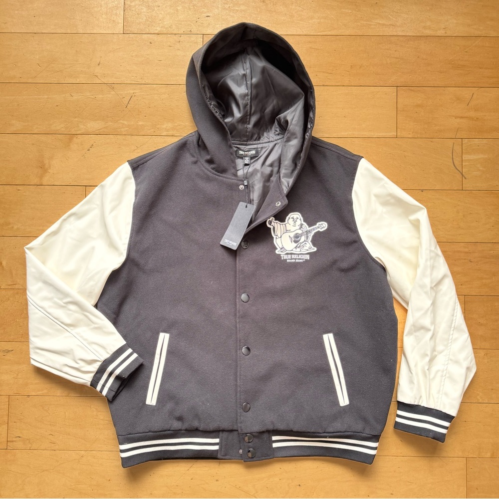 NWT True Religion‎ Buddha Logo Two Tone Varsity Letterman Jacket - XL, jet black